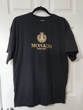 90s Vintage Travel Vacation Casual Monaco Black Tee with Gold Crest Embroidery